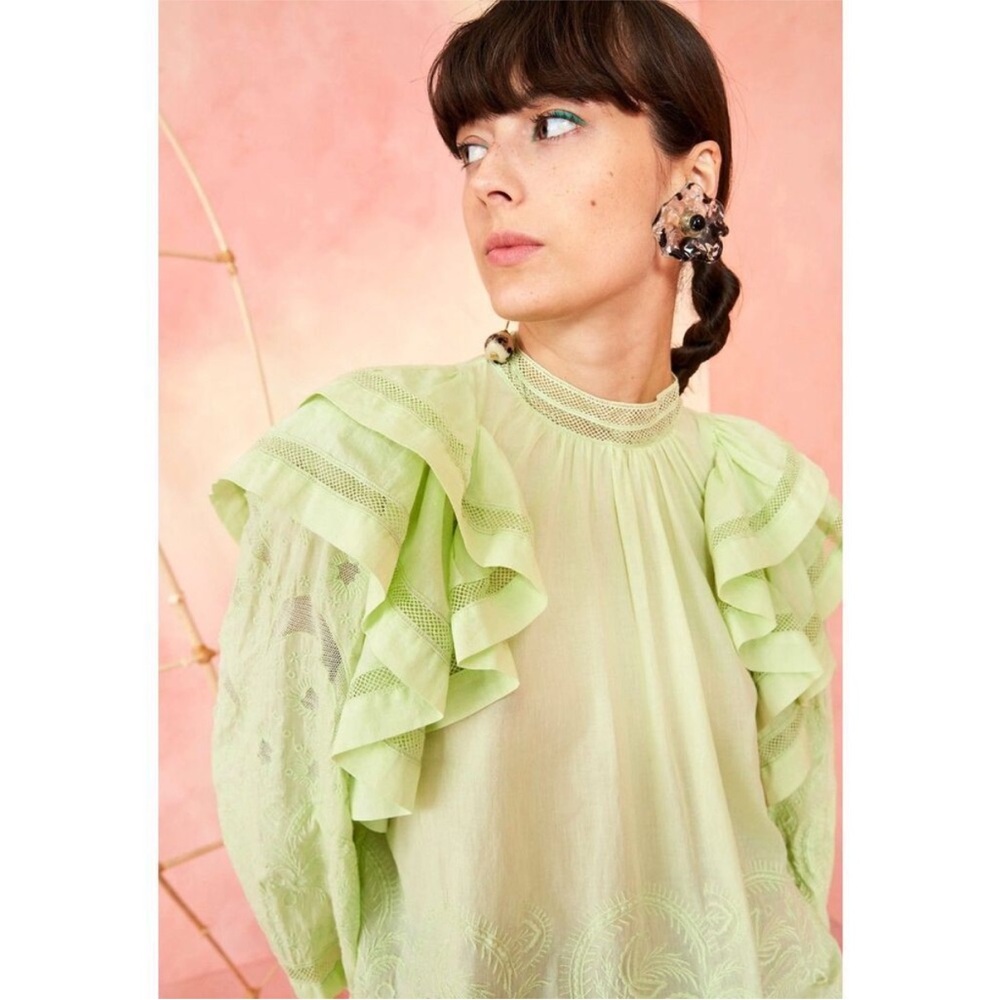 Ulla Johnson Annetta Ruffle Blouse in Pistachio in Size 4 EUC
